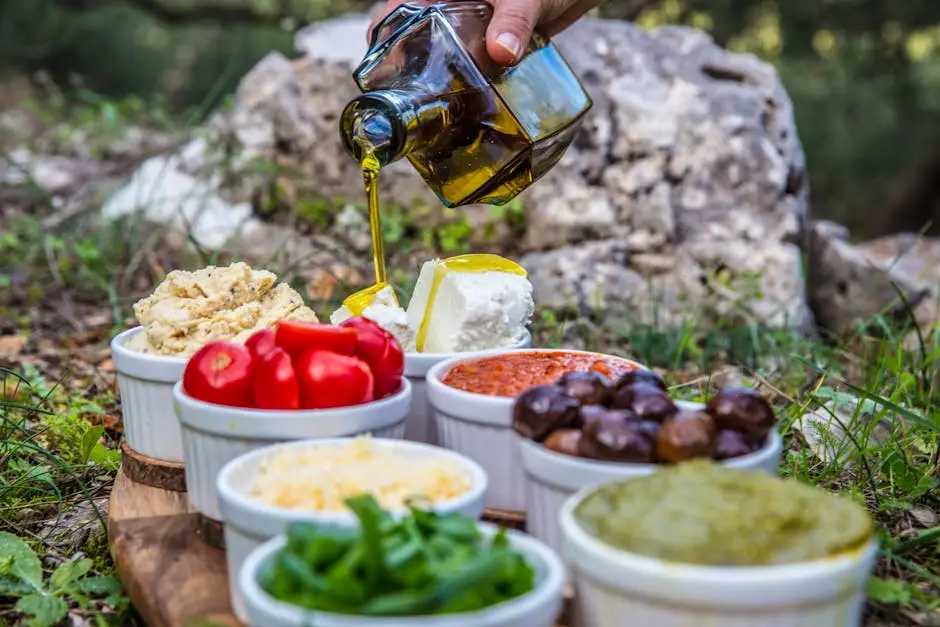 Outdoor picnic with various Mediterranean spreads, herbs, and olive oil drizzle.